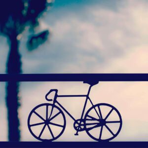 A bicycle is shown on the side of a fence.